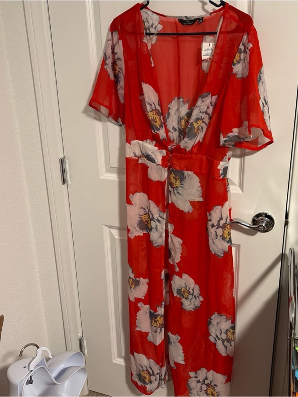 Mlle Gabrielle dress 1x Kimono Red Sheer Floral Bathing Suit Cover Up NWT